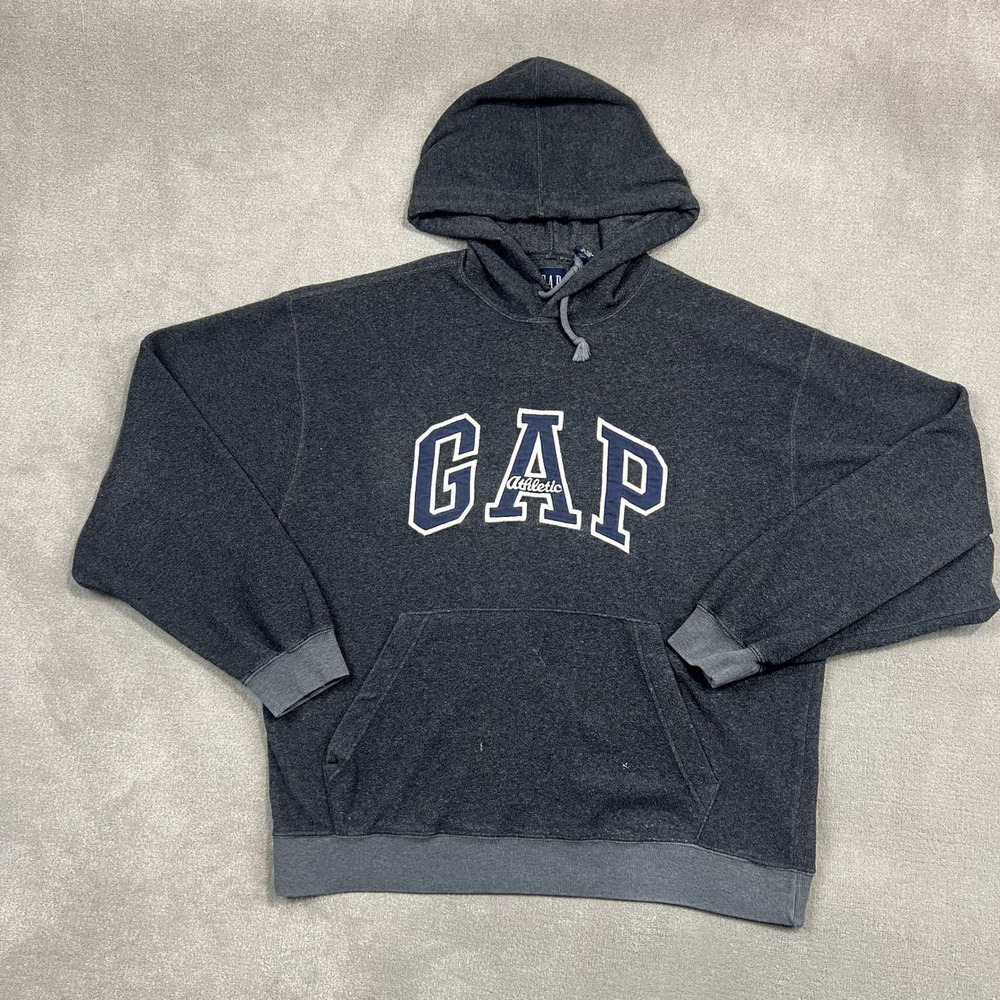 Vintage GAP Hoodie Mens Medium Charcoal Gray Athletic Embroidered Logo Fleece
